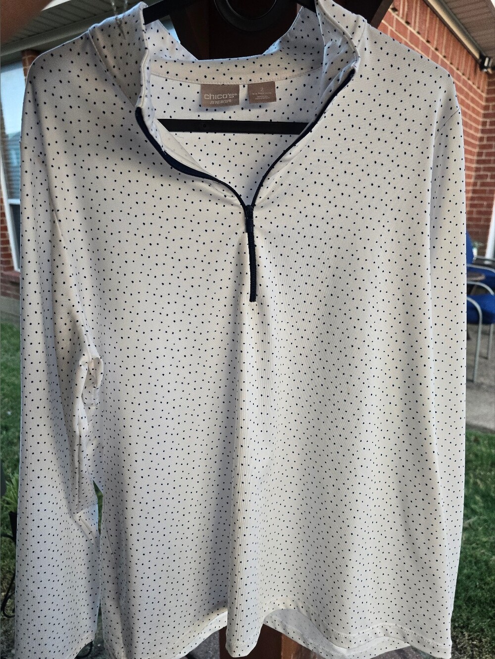 Chico's White Pullover with Dark Blue Polka Dots and Navy Trim